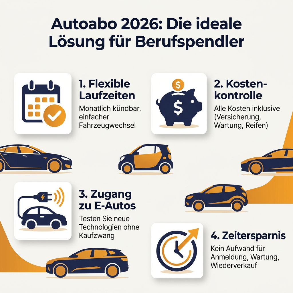 Infografik: Vorteile des Autoabos für Berufspendler im Jahr 2026, inkl. Flexibilität, Kostenkontrolle, Zugang zu E-Autos und Zeitersparnis.