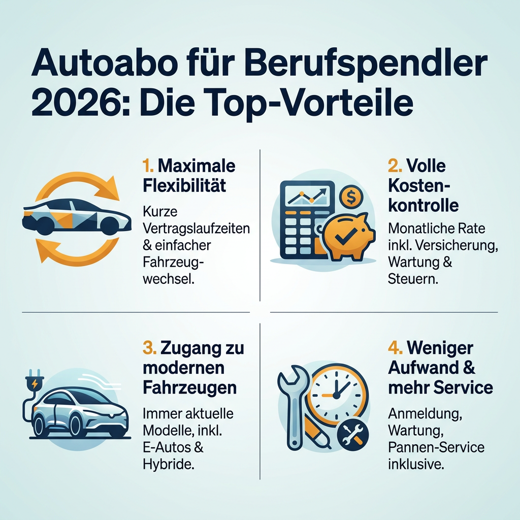 Infografik: Die Top-Vorteile des Autoabos für Berufspendler im Jahr 2026, inklusive Flexibilität, Kostenkontrolle, modernem Fuhrpark und umfassendem Service.