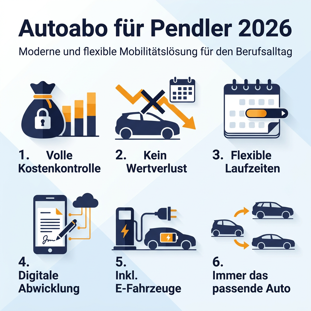 Infografik: Die Vorteile eines Autoabos für Pendler im Jahr 2026 mit den Aspekten Kostenkontrolle, Flexibilität, Wertverlust und Elektrofahrzeuge.