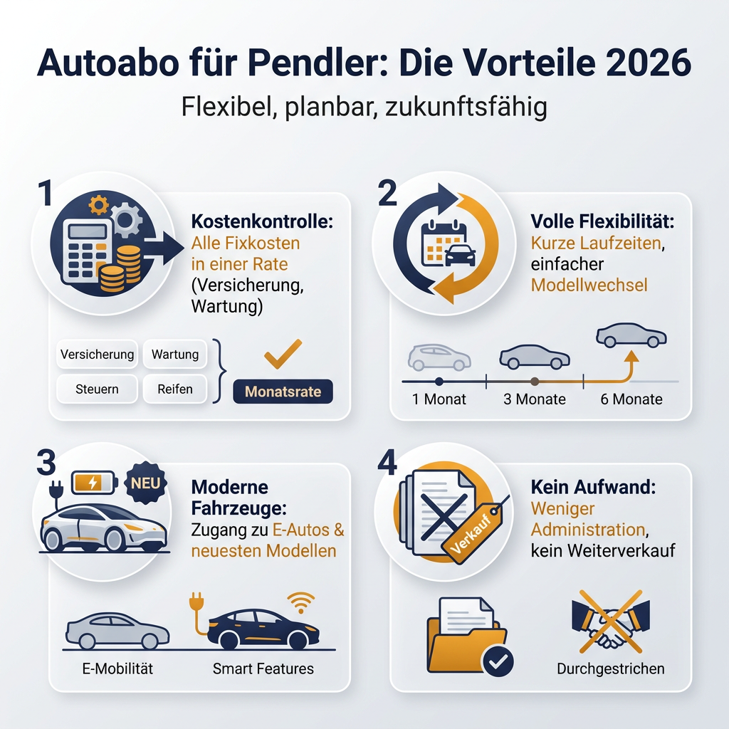 Infografik: Autoabo für Pendler – Flexibel, planbar, zukunftsfähig Infografik: Autoabo 2026 Vorteile für Berufspendler mit Kostenkontrolle, Flexibilität, modernen Fahrzeugen und weniger Aufwand.