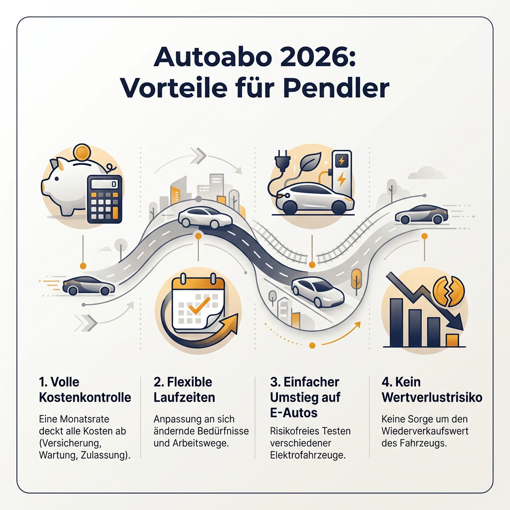 Infografik: Vorteile des Autoabos für Pendler 2026 mit Themen wie Kostenkontrolle, Flexibilität und Elektromobilität.