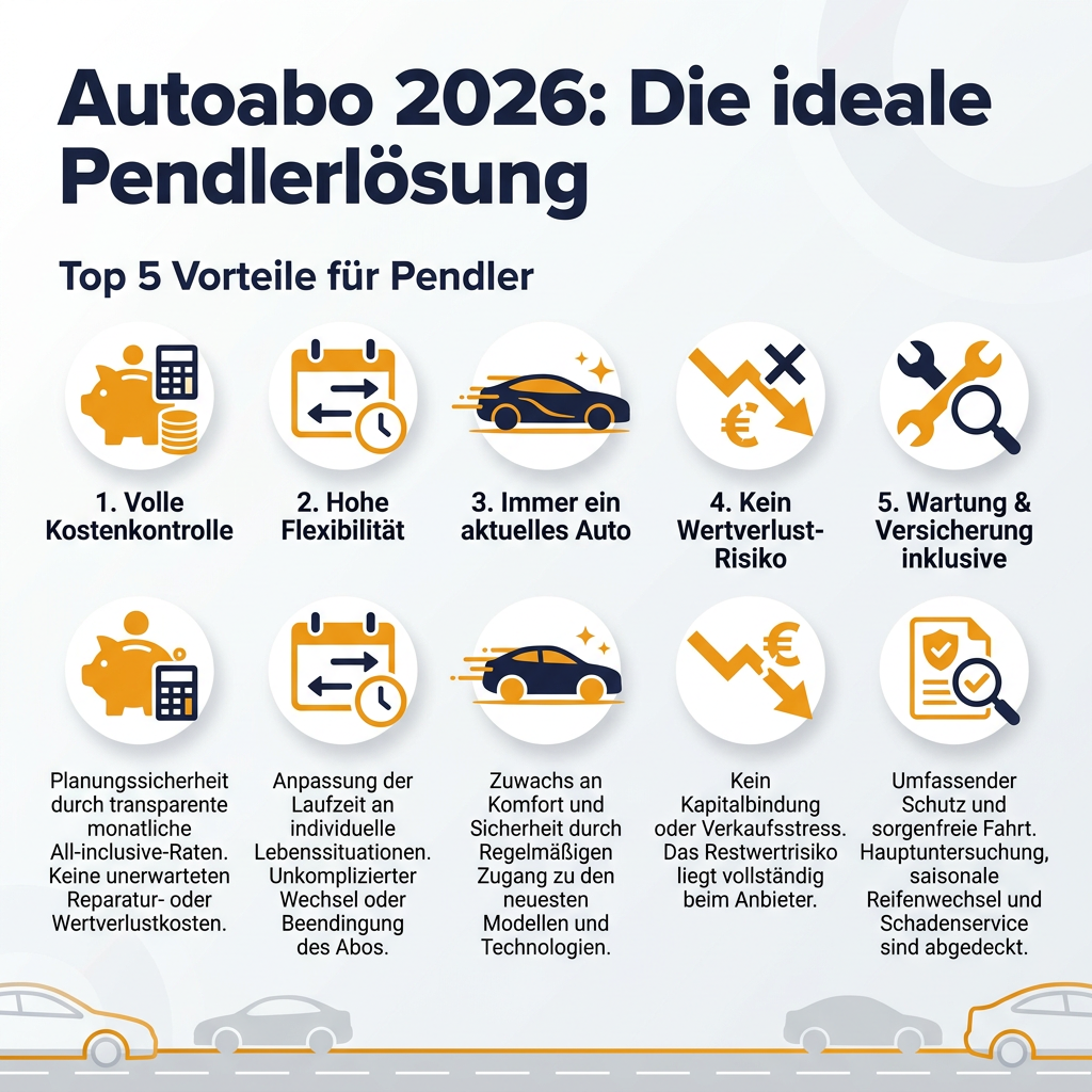 Vorteile Autoabo 2026 für Pendler Infografik: Die Top 5 Vorteile des Autoabos 2026 für Pendler, inklusive Kostenkontrolle, Flexibilität und moderner Fahrzeuge.