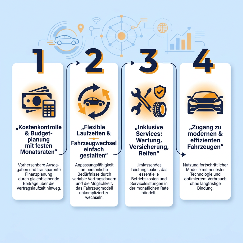 Infografik: Vorteile des Autoabos 2026 für Berufspendler mit Fokus auf Kostenkontrolle, Flexibilität und Inklusivleistungen.