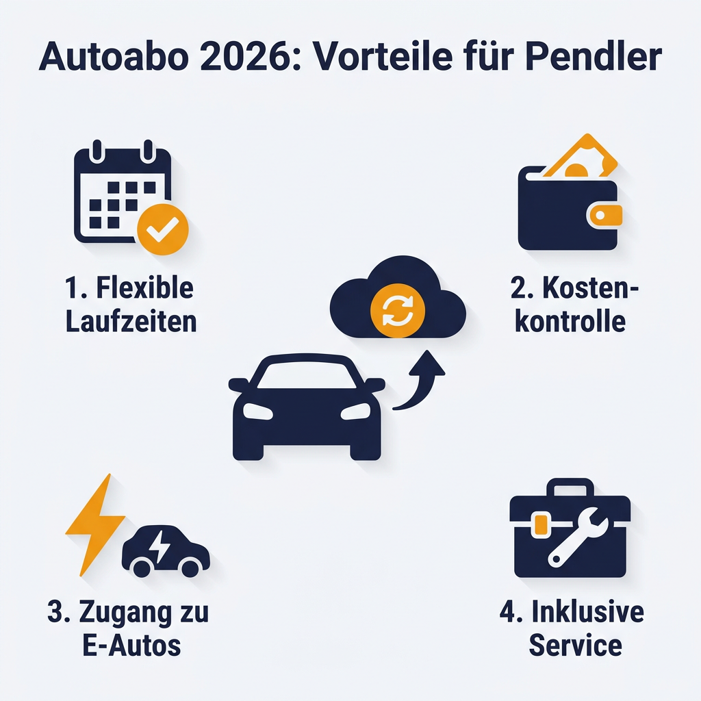 Infografik: Die Vorteile eines Autoabos für Berufspendler im Jahr 2026, inklusive flexibler Laufzeiten, Kostenkontrolle, Zugang zu E-Autos und inklusivem Service.