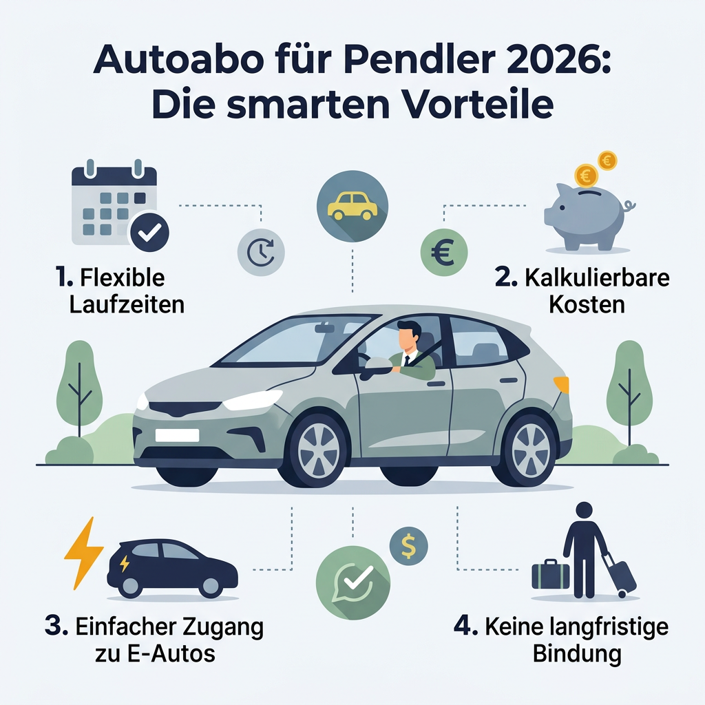 Infografik: Die vier wichtigsten Vorteile des Autoabos für Berufspendler im Jahr 2026: flexible Laufzeiten, kalkulierbare Kosten, einfacher Zugang zu E-Autos und keine langfristige Bindung.