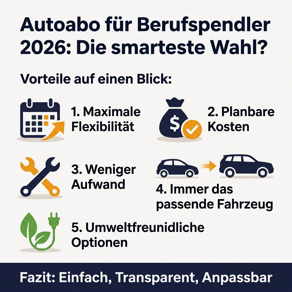 Infografik: Vorteile des Autoabos für Berufspendler im Jahr 2026, mit Punkten wie Flexibilität, planbaren Kosten und passenden Fahrzeugen