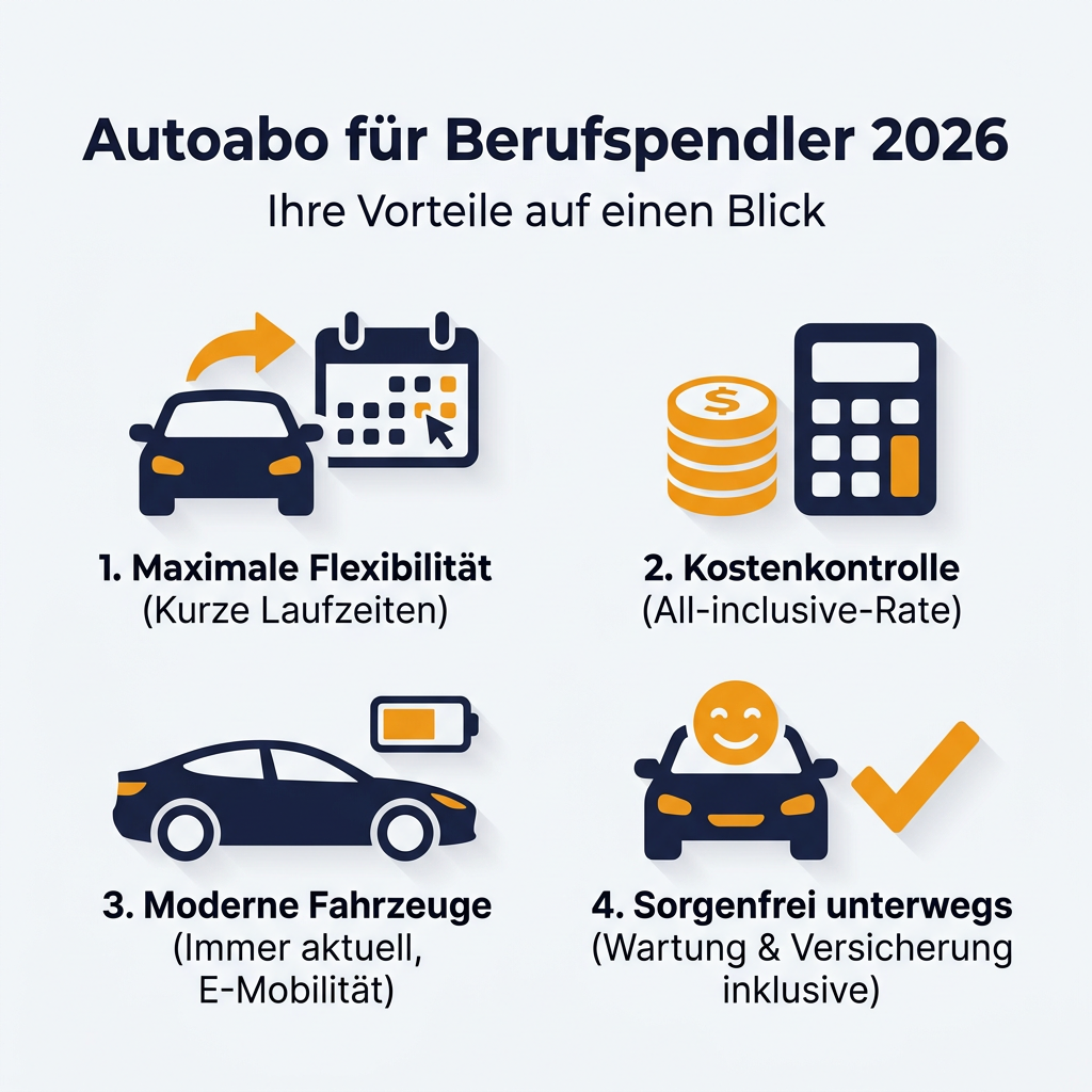 Vorteile Autoabo Berufspendler 2026 Infografik Infografik: Vorteile eines Autoabos für Berufspendler im Jahr 2026, mit Schwerpunkten auf Flexibilität, Kostenkontrolle, moderne Fahrzeuge und Sorgenfreiheit.
