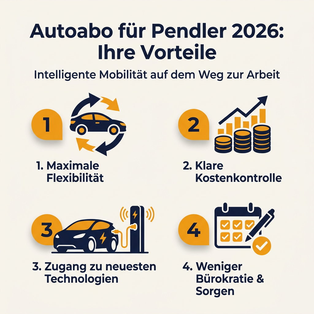 Infografik: Vorteile des Autoabos 2026 für Berufspendler, inklusive Flexibilität, Kostenkontrolle und Zugang zu neuen Technologien.