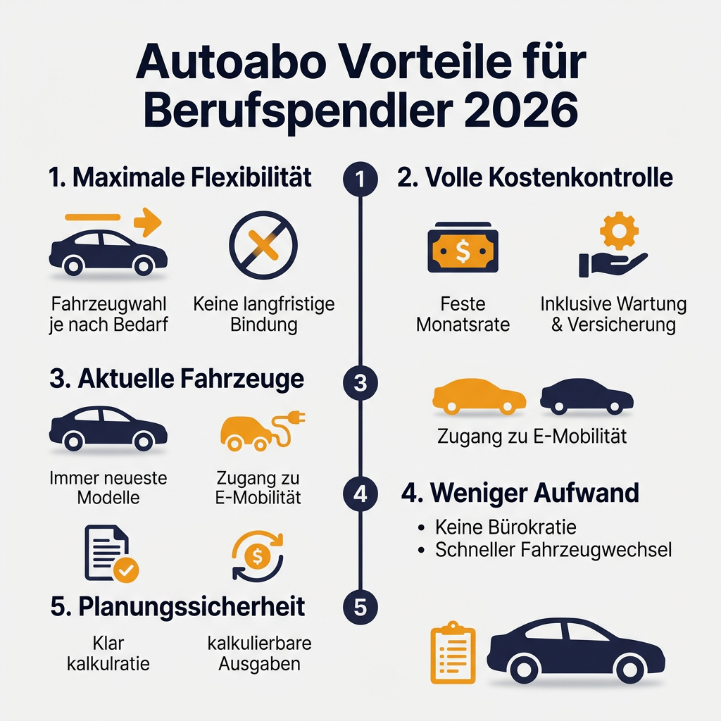 Infografik: Die 5 größten Vorteile eines Autoabos für Berufspendler im Jahr 2026, inkl. Flexibilität, Kostenkontrolle und aktuelle Fahrzeuge.