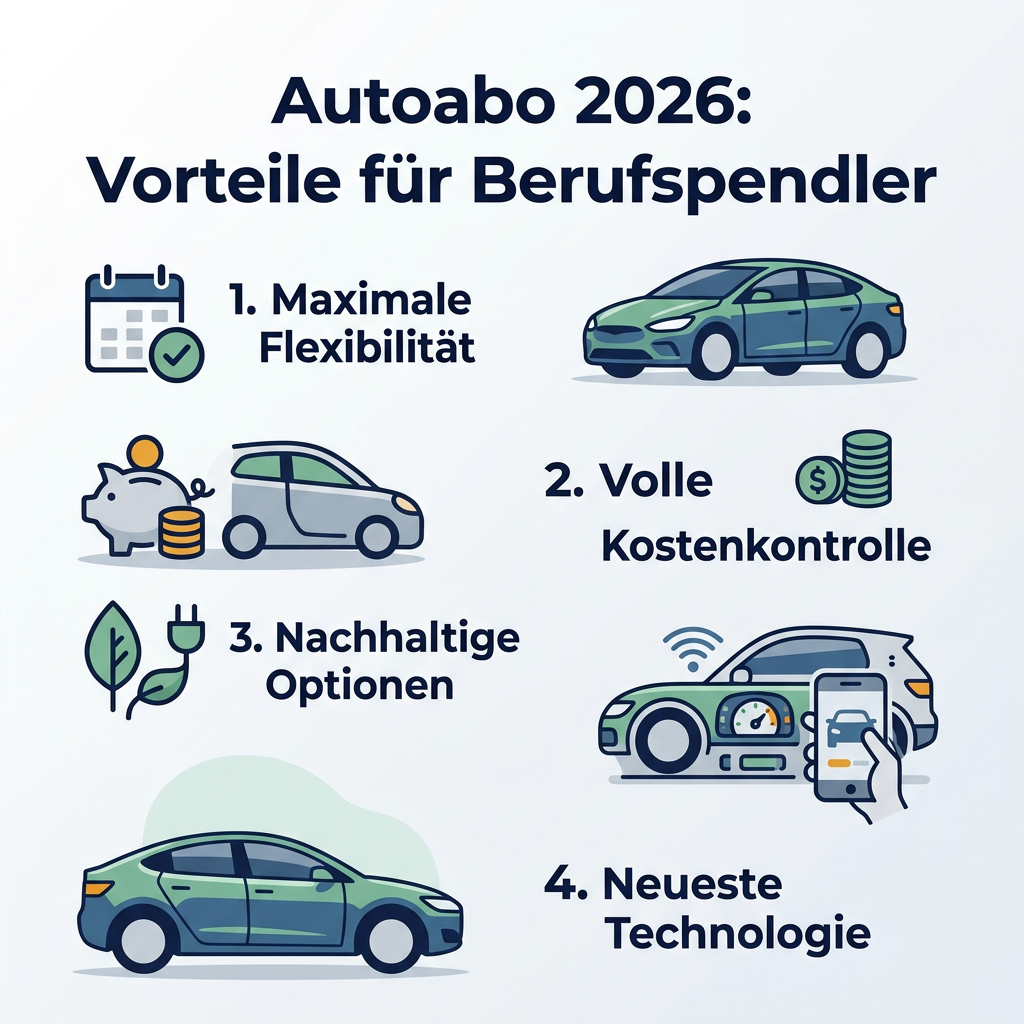 Infografik: Autoabo 2026 – Vorteile für Berufspendler Infografik: Vorteile des Autoabos für Berufspendler im Jahr 2026, thematisiert Flexibilität, Kostenkontrolle, nachhaltige Optionen und neueste Technologie.