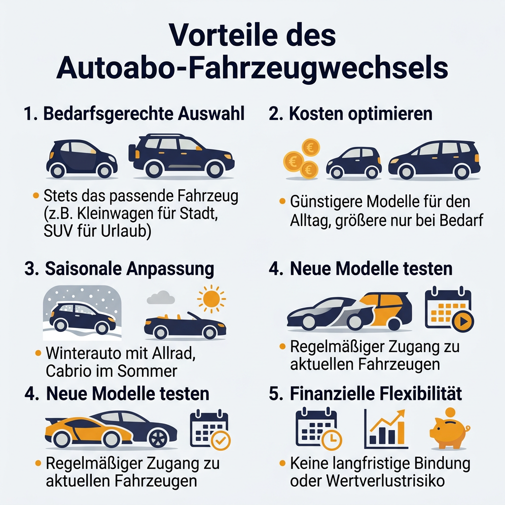 Vorteile des flexiblen Fahrzeugwechsels im Autoabo Infografik: Die Vorteile des Fahrzeugwechsels im Autoabo, inklusive bedarfsgerechter Auswahl, Kostenoptimierung, saisonaler Anpassung und finanzieller Flexibilität.