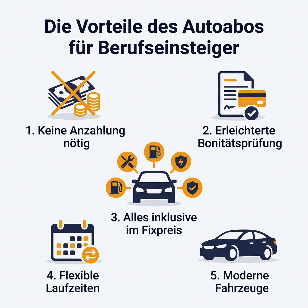 Infografik: Die Vorteile eines Autoabos für Berufseinsteiger ohne Anzahlung und mit erleichterter Bonitätsprüfung.