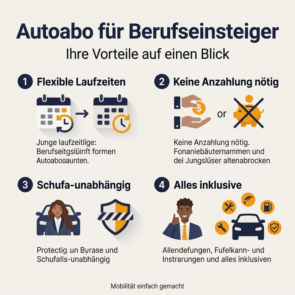 Infografik: Vorteile des Autoabos für Berufseinsteiger, inklusive flexible Laufzeiten, keine Anzahlung, Schufa-Unabhängigkeit und All-inclusive-Leistungen für einfache Mobilität.