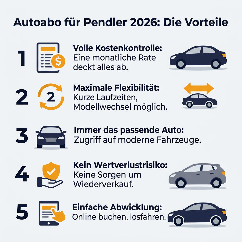 Infografik: Die Vorteile eines Autoabos für Berufspendler im Jahr 2026, illustriert mit Symbolen für Kostenkontrolle, Flexibilität und moderne Fahrzeuge.