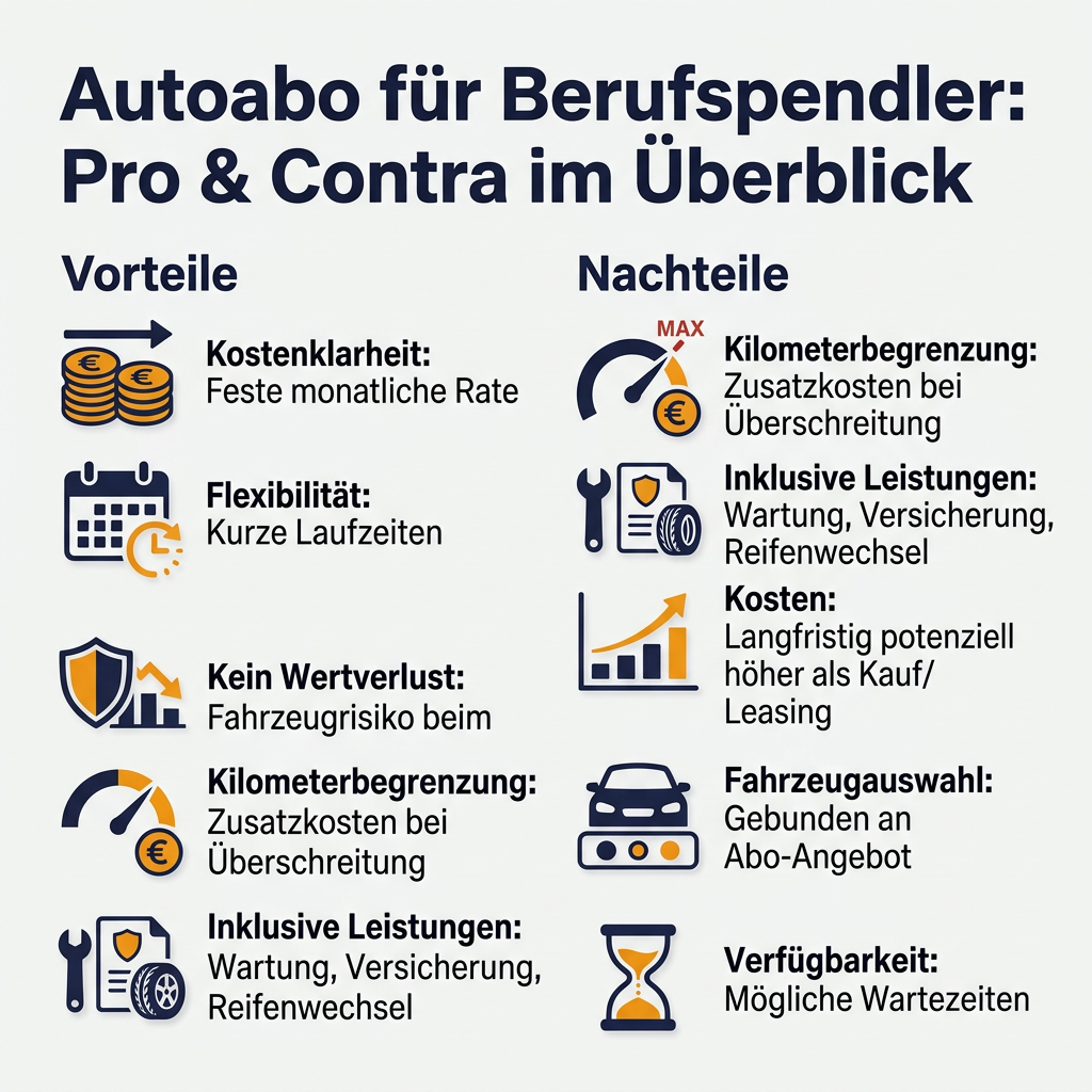 Autoabo für Berufspendler: Vor- und Nachteile Infografik über die Vor- und Nachteile eines Autoabos für Berufspendler, mit Punkten wie Kostenklarheit, Flexibilität, Kilometerbegrenzung und potenziell höheren Kosten.