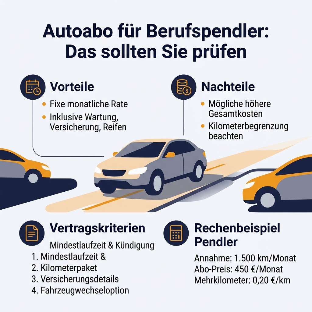 Autoabo für Berufspendler: Entscheidungsfaktoren im Überblick Infografik zum Autoabo für Berufspendler, die Vorteile wie planbare Kosten, Nachteile wie Kilometerbegrenzung und wichtige Vertragskriterien wie Mindestlaufzeit und Kilometerpaket darstellt.