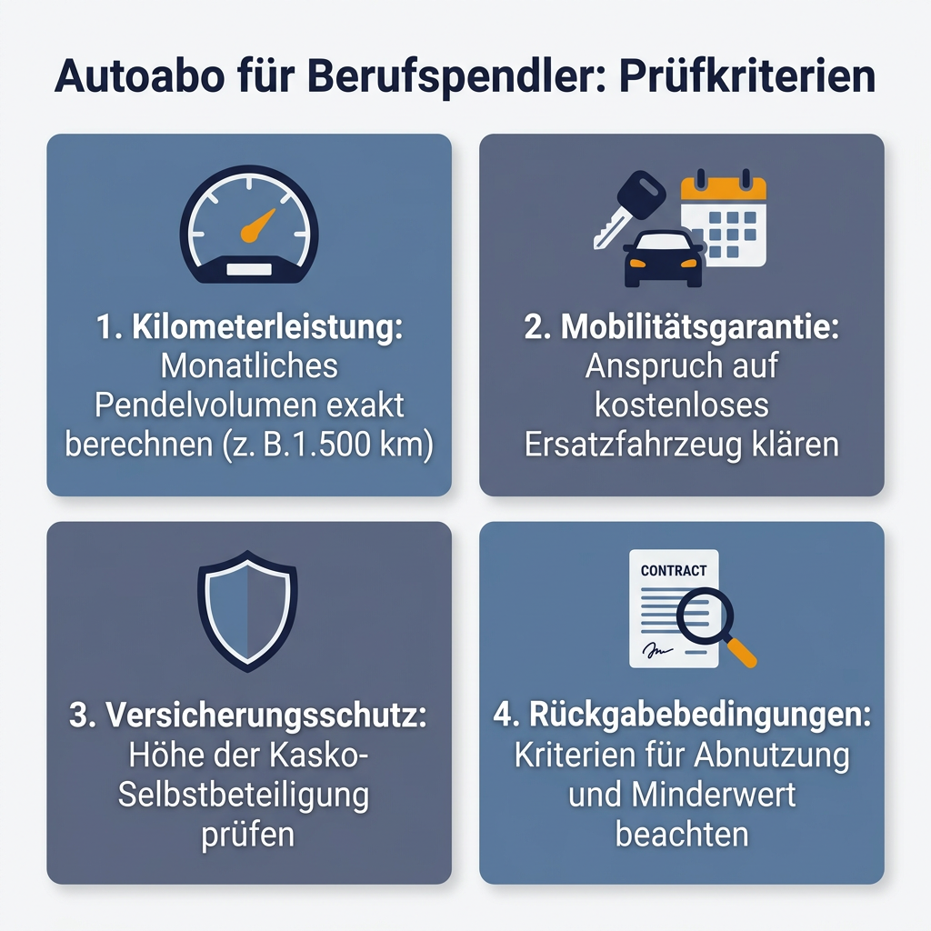 Infografik zu den wichtigsten Prüfkriterien bei einem Autoabo für Berufspendler