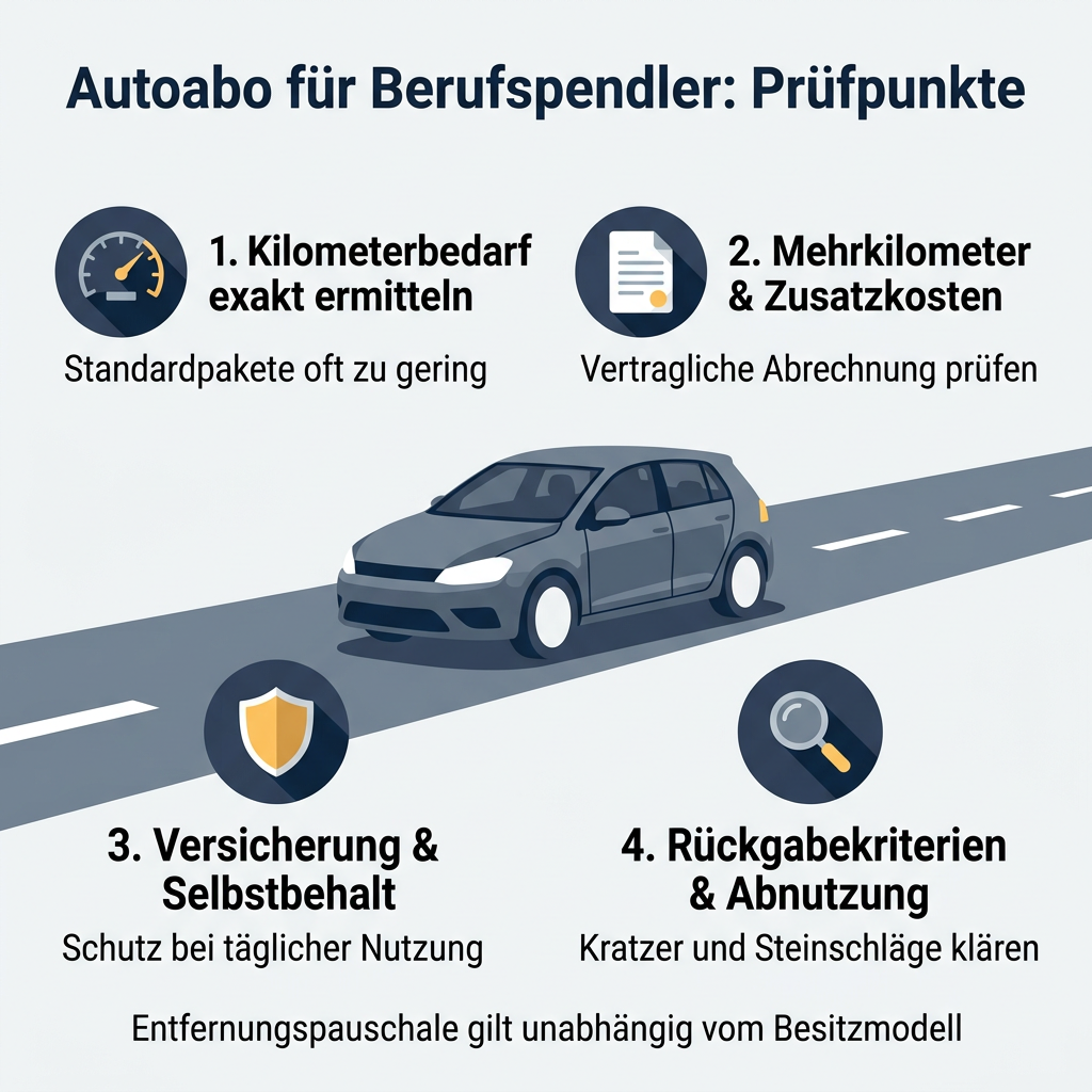 Infografik: Wichtige Prüfpunkte beim Autoabo für Berufspendler