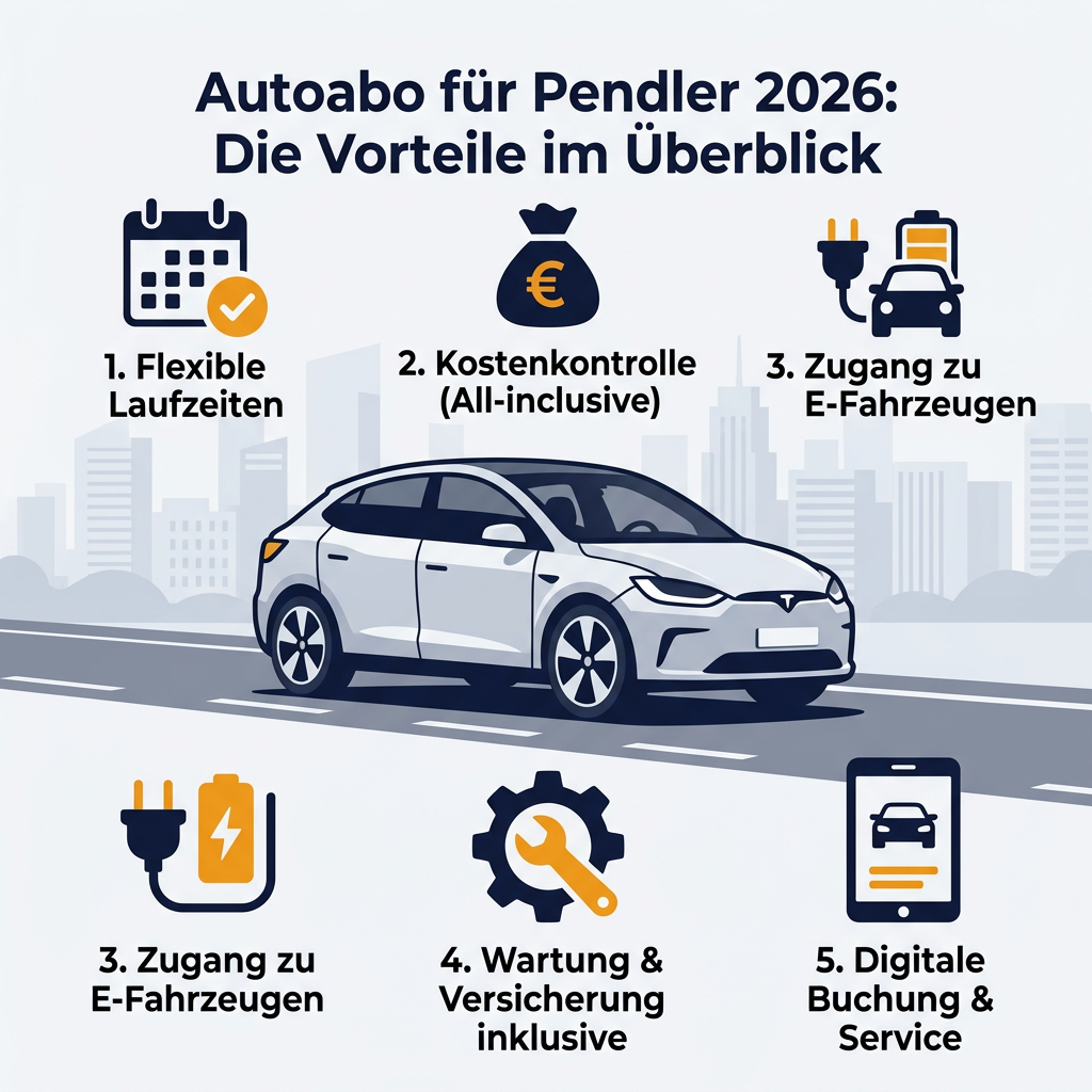 Infografik: Die 5 wichtigsten Vorteile eines Autoabos für Berufspendler im Jahr 2026, darunter flexible Laufzeiten, Kostenkontrolle, Zugang zu Elektrofahrzeugen, inklusive Wartung und Versicherung sowie digitale Buchung und Service.
