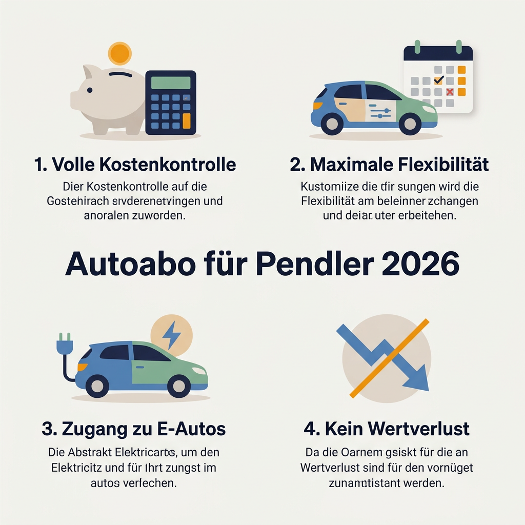 Infografik: Vorteile des Autoabos für Pendler im Jahr 2026, mit Fokus auf Kostenkontrolle, Flexibilität, E-Autos und Wertverlust.