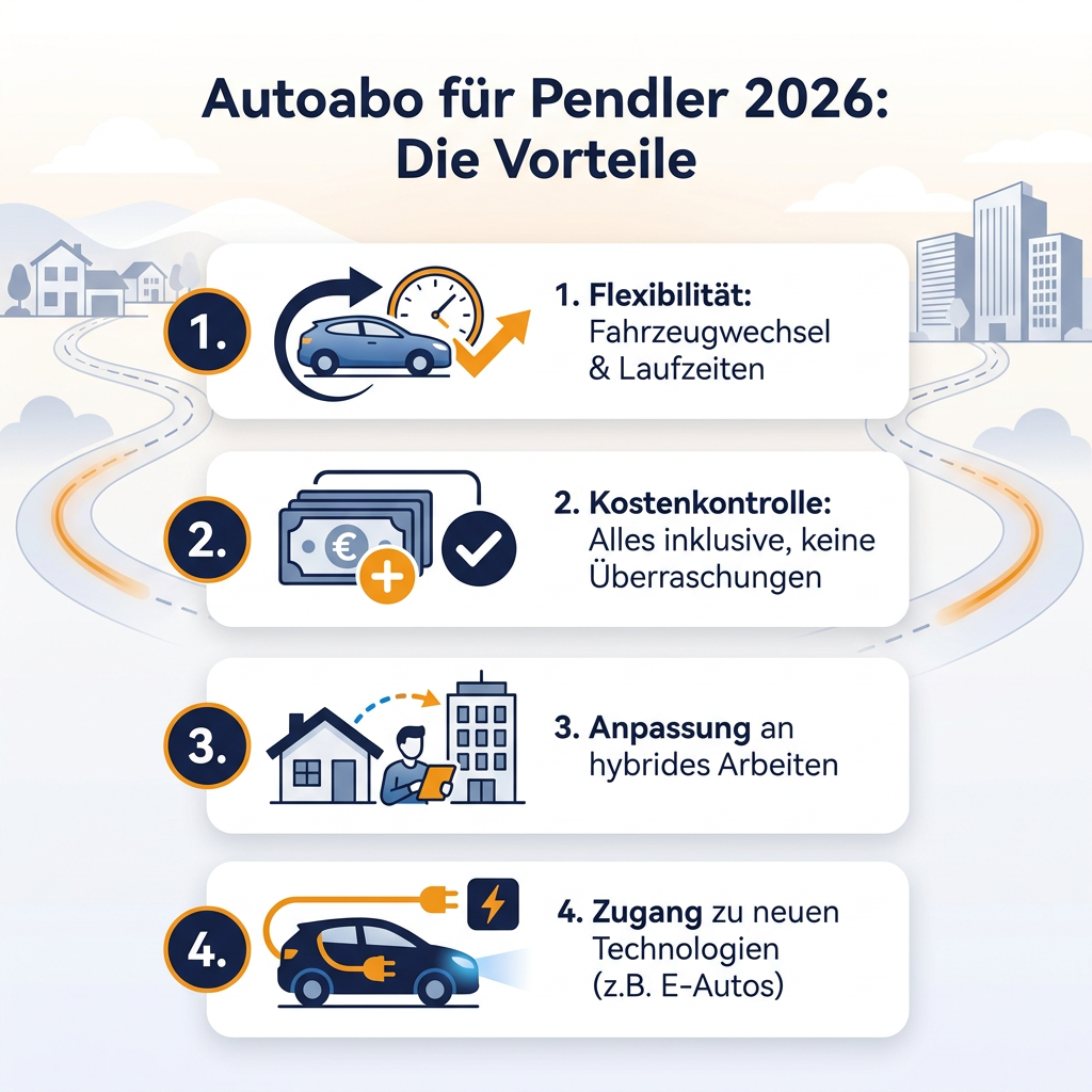 Infografik: Die Vorteile des Autoabos für Pendler im Jahr 2026, mit Schwerpunkten auf Flexibilität, Kostenkontrolle und Anpassung an hybrides Arbeiten.