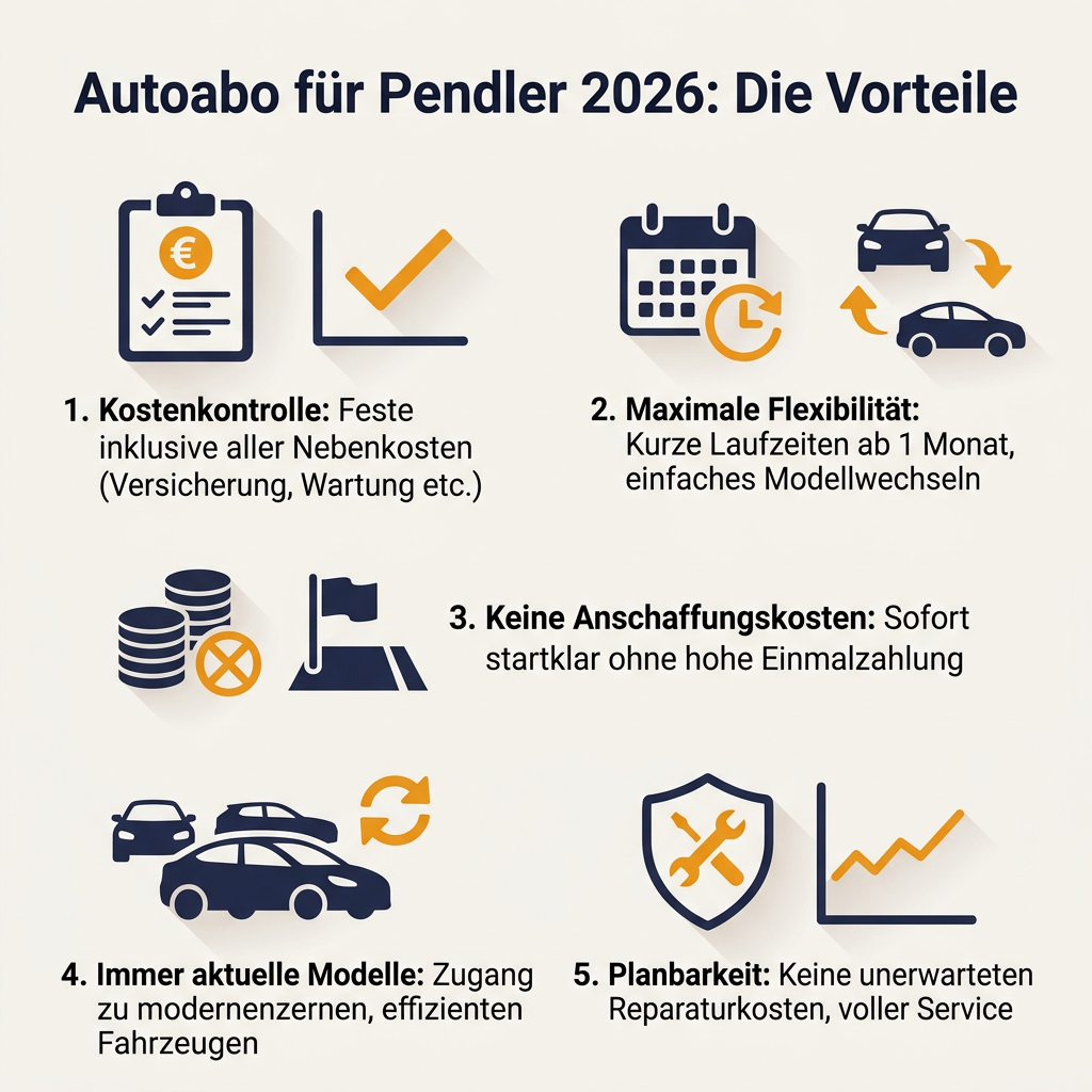 Infografik: Vorteile des Autoabos für Berufspendler im Jahr 2026, inklusive Kostenkontrolle und Flexibilität.