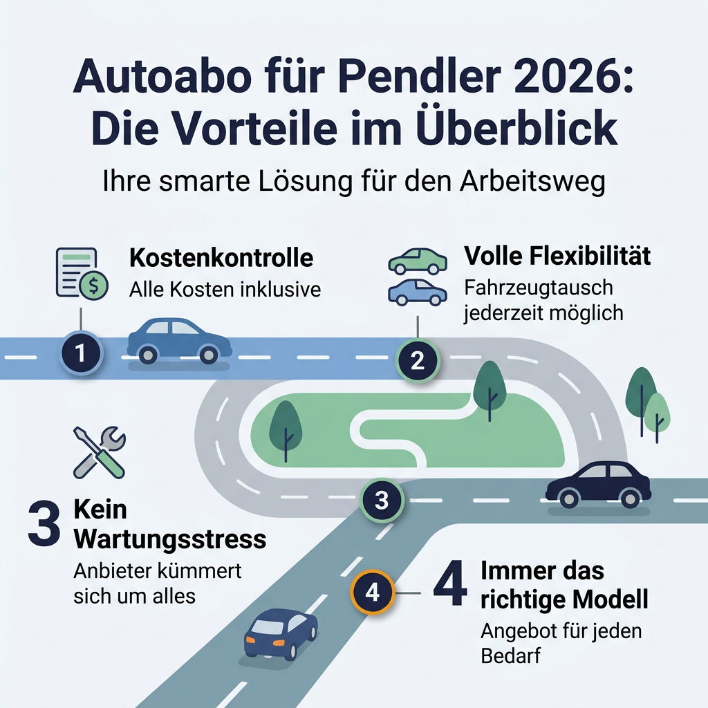 Infografik: Autoabo für Berufspendler 2026 – Vorteile für den täglichen Arbeitsweg wie Kostenkontrolle, Flexibilität und stressfreie Wartung.