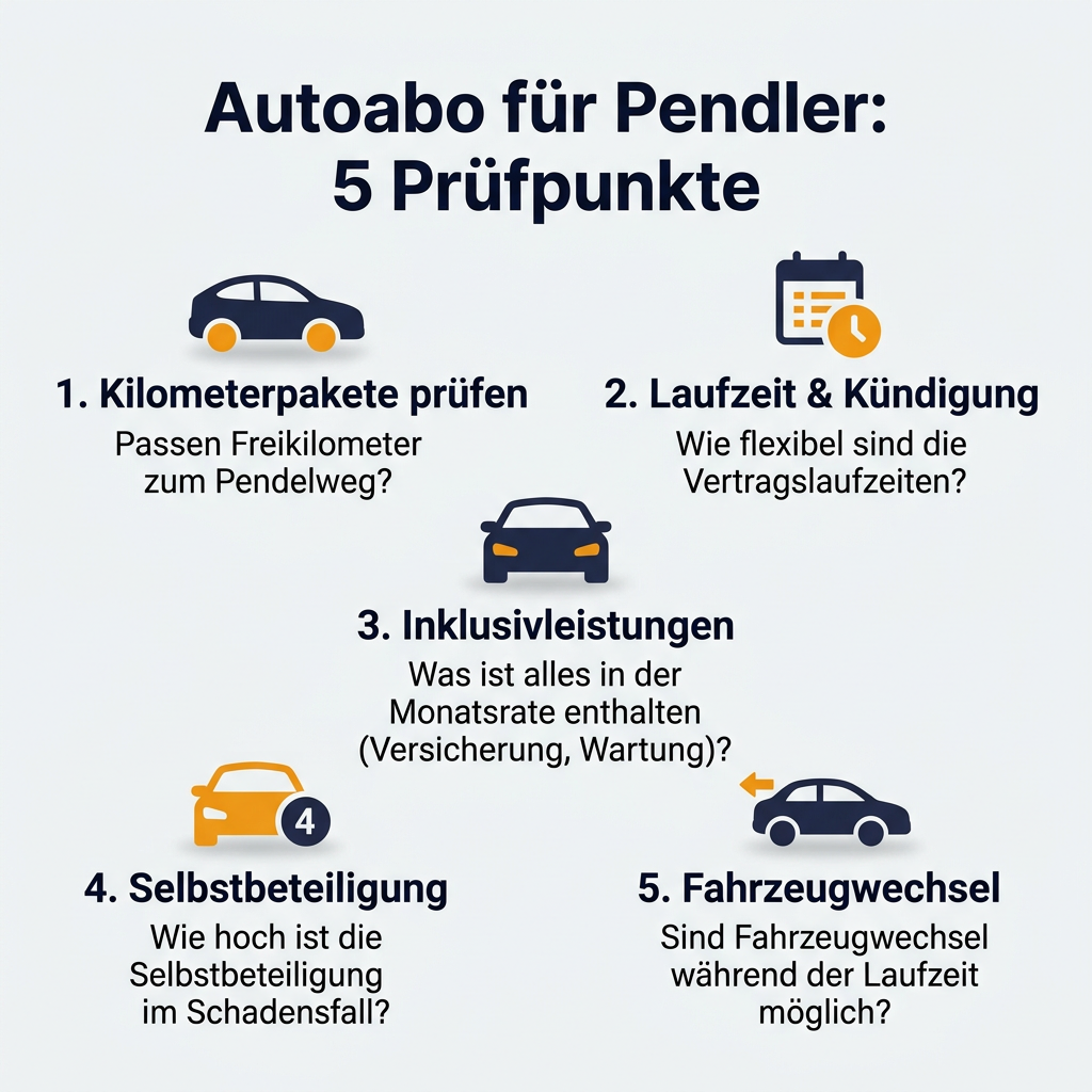 Autoabo für Pendler: 5 wichtige Prüfpunkte Infografik: Fünf wichtige Prüfpunkte für Berufspendler beim Autoabo, inklusive Kilometerpakete, Laufzeit, Inklusivleistungen, Selbstbeteiligung und Fahrzeugwechsel.