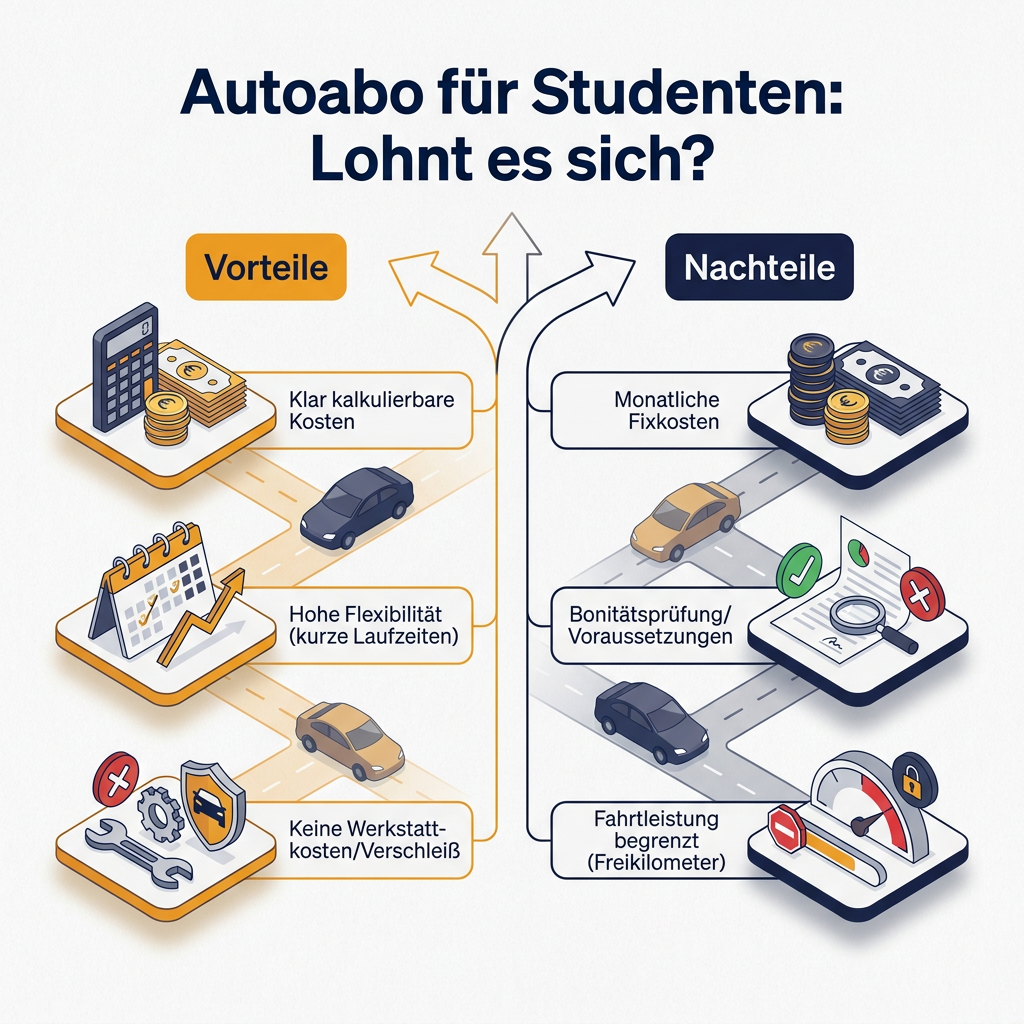 Autoabo für Studenten: Vorteile und Nachteile im Überblick Infografik: Autoabo für Studenten - Eine Gegenüberstellung der Vorteile und Nachteile von Autoabos für Studierende, um die Kosten und Flexibilität abzuschätzen.