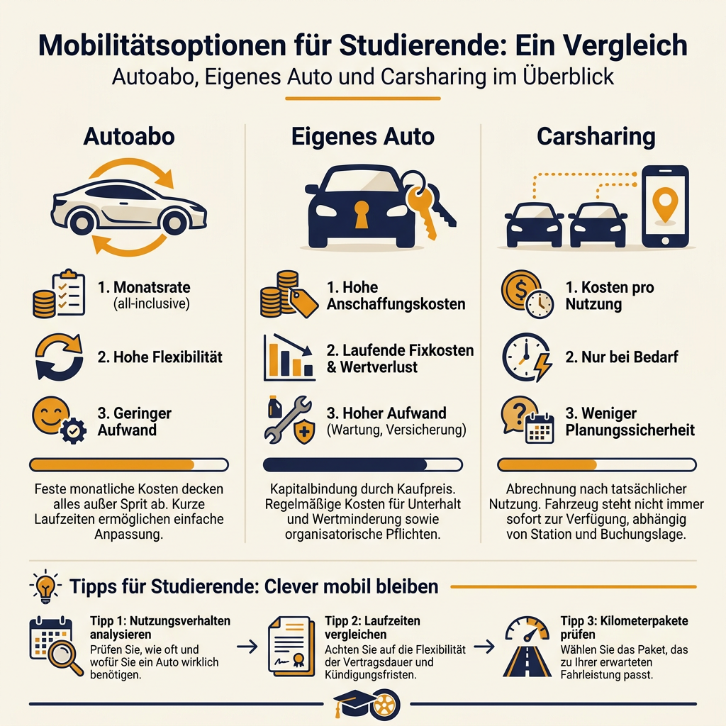 Infografik: Vergleich eines Autoabos für Studenten mit den Kosten und Vorteilen eines eigenen Autos oder Carsharing, inklusive wichtiger Tipps zur Entscheidungsfindung.