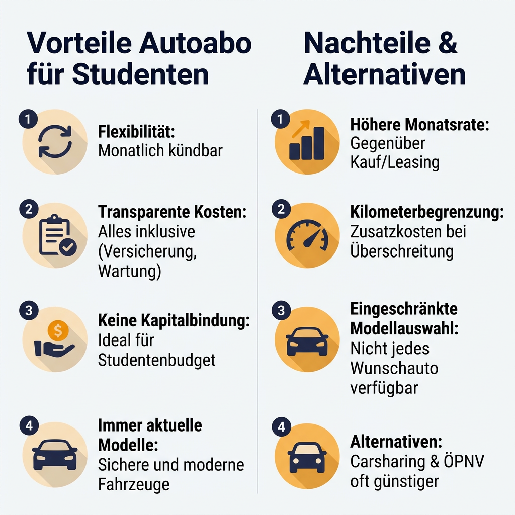 Infografik: Vorteile und Nachteile eines Autoabos für Studenten, beleuchtet Flexibilität, Kosten, Kilometerbegrenzung und Alternativen wie Carsharing.