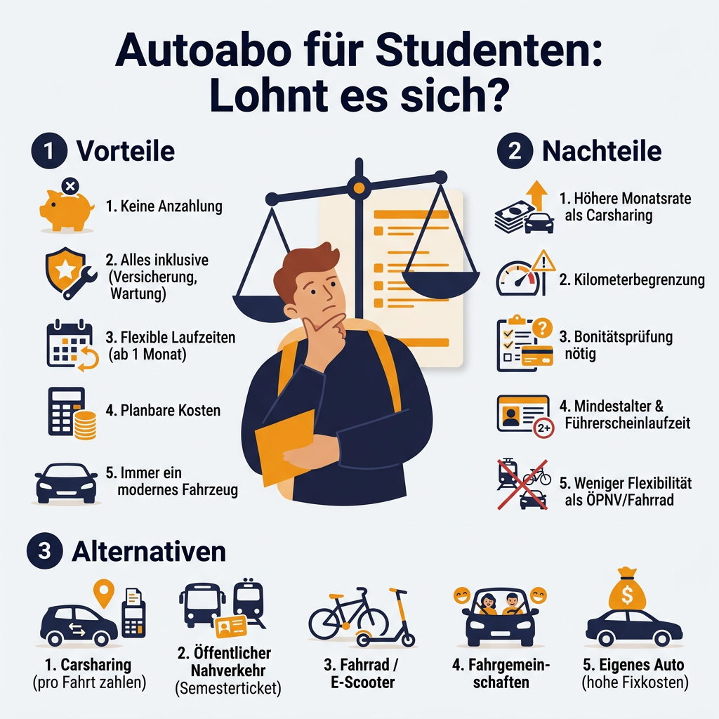 Infografik: Autoabo für Studenten im Vergleich zu Carsharing und anderen Mobilitätsoptionen, mit Vor- und Nachteilen für studentisches Budget und Flexibilität
