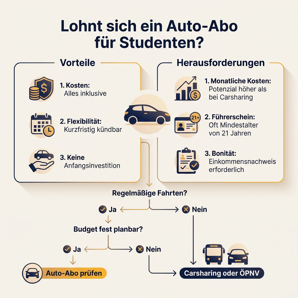 Infografik: Autoabo für Studenten Vorteile Nachteile, Kosten, Flexibilität, Vergleich Carsharing und ÖPNV