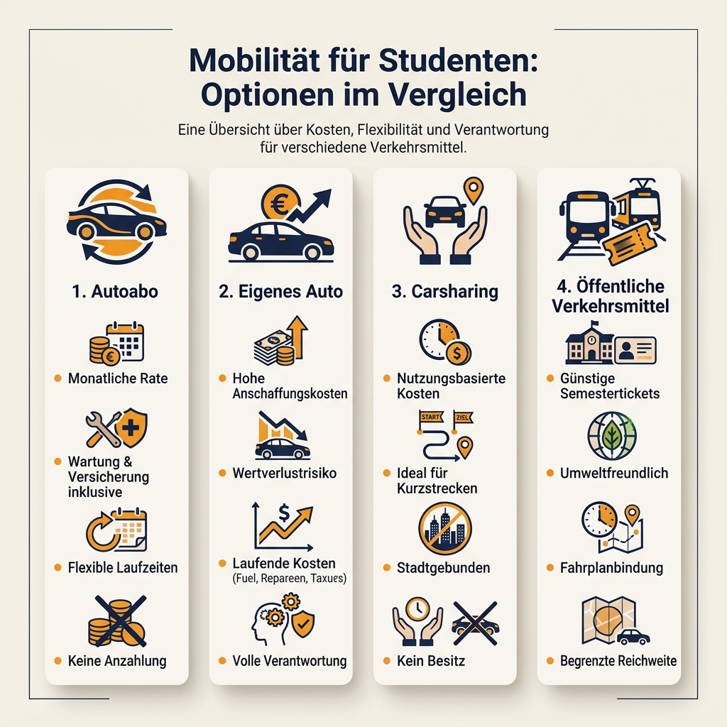 Mobilität für Studenten: Optionen im Vergleich Infografik zum Vergleich von Mobilitätslösungen für Studenten, einschließlich Autoabo, Eigenem Auto, Carsharing und öffentlichen Verkehrsmitteln, mit Fokus auf Kosten und Flexibilität.