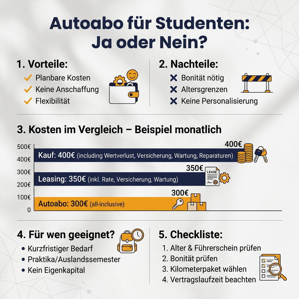Infografik zum Autoabo für Studenten, die Vor- und Nachteile sowie Kosten im Vergleich darstellt.