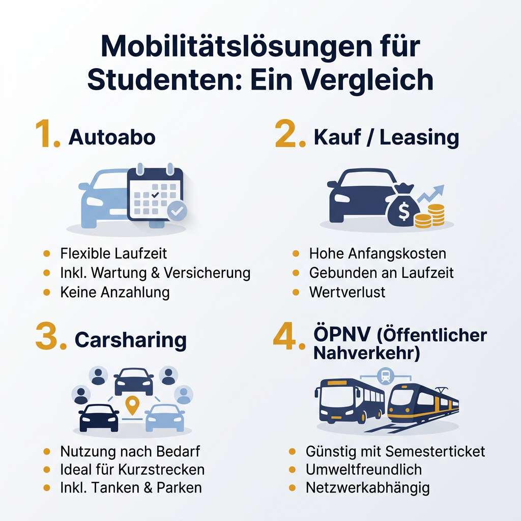 Infografik Vergleich Mobilitätslösungen für Studenten: Autoabo, Kauf/Leasing, Carsharing und Öffentlicher Nahverkehr im Überblick.