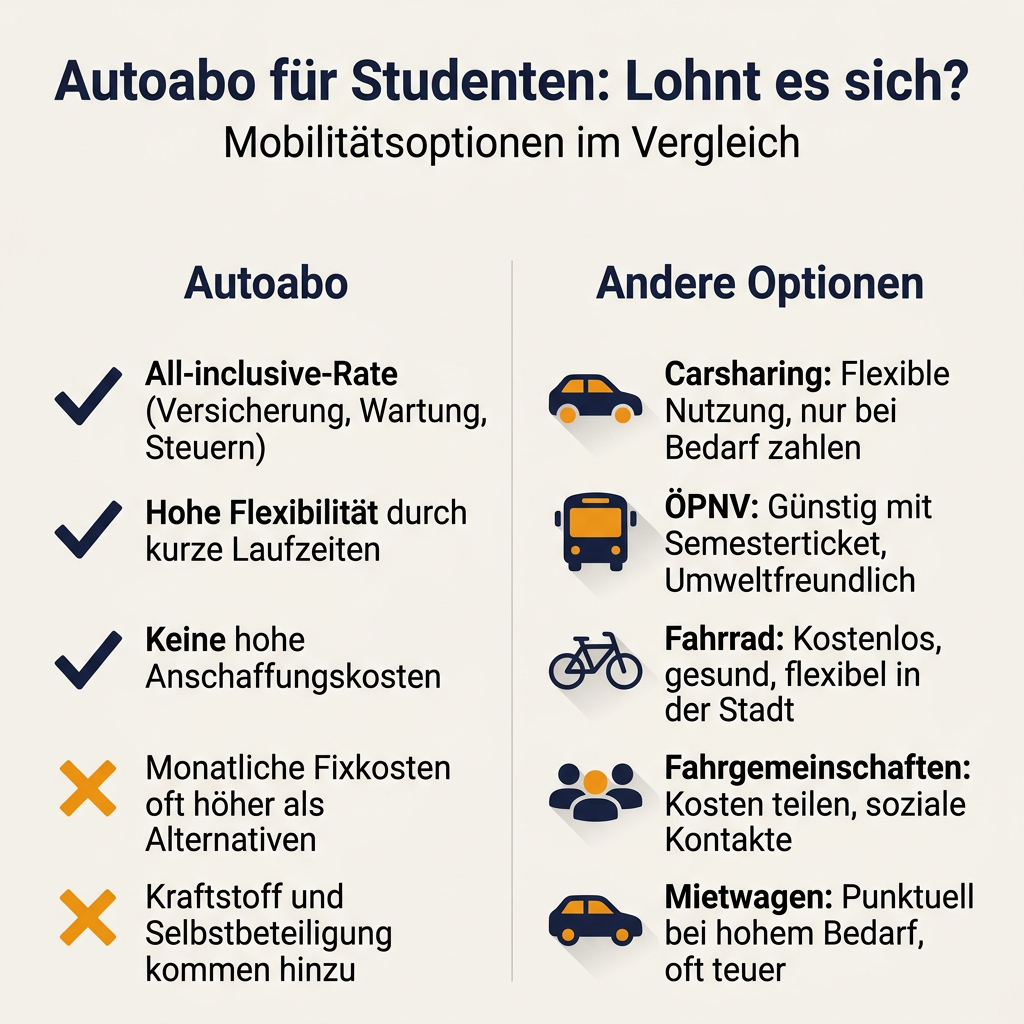 Infografik Vergleich Autoabo für Studenten mit Alternativen wie Carsharing und ÖPNV, Kosten und Flexibilität