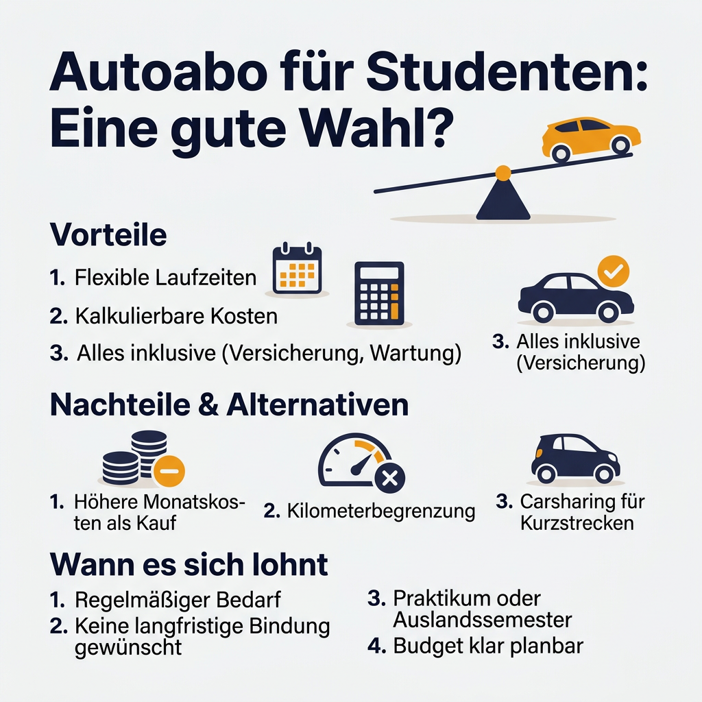 Infografik: Vor- und Nachteile eines Autoabos für Studenten, mit flexiblen Laufzeiten, kalkulierbaren Kosten und Kilometerbegrenzungen als Entscheidungshilfen für Studentenmobilität.