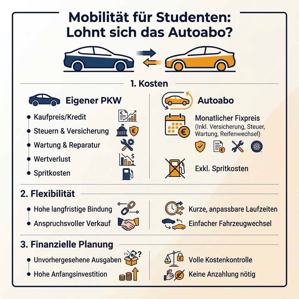 Autoabo vs. eigener PKW: Mobilität im Studentenleben Infografik: Vergleich Autoabo versus eigener PKW für Studenten. Zeigt die Vorteile von Flexibilität, Kostenkontrolle und fehlender Anfangsinvestition beim Autoabo auf.