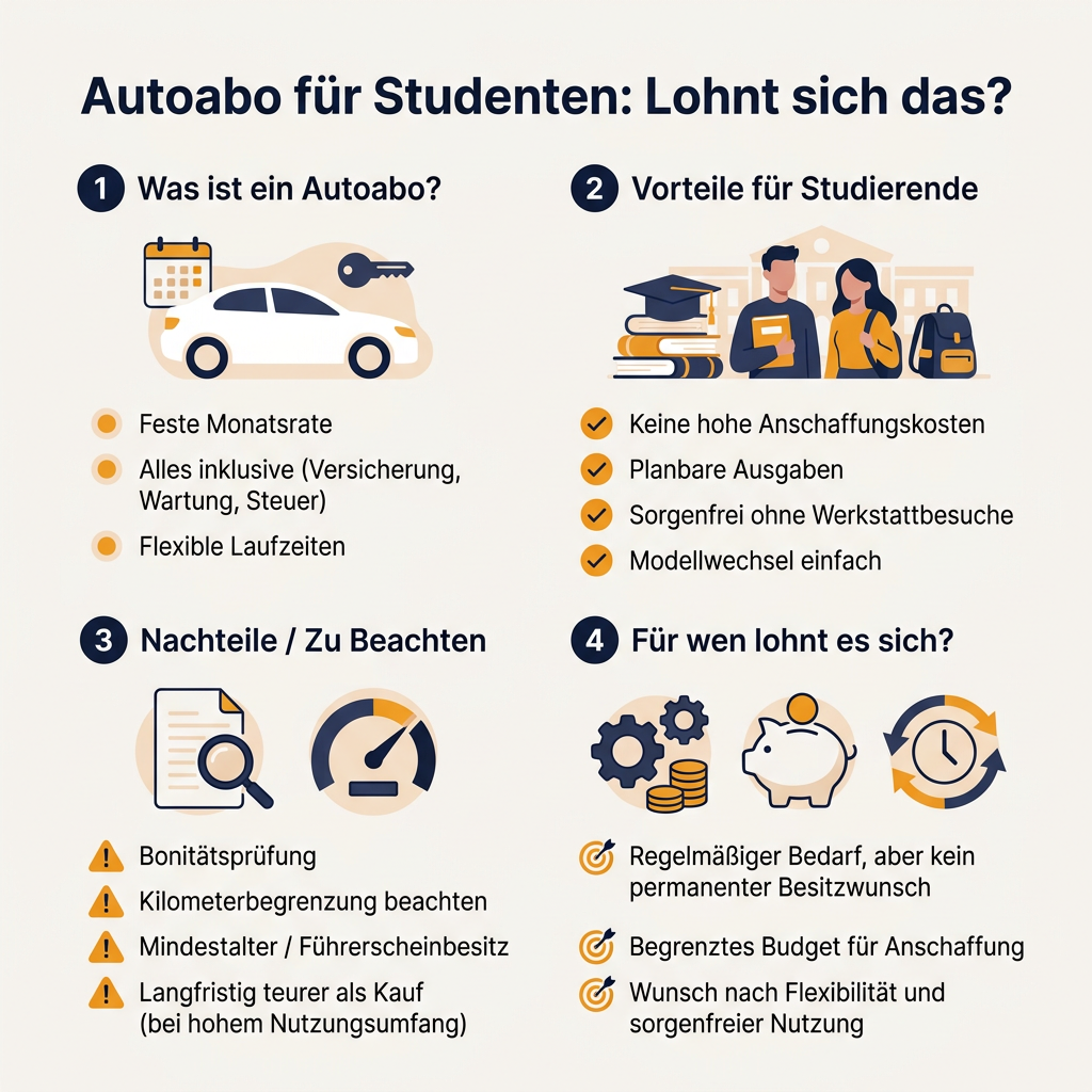Infografik: Vor- und Nachteile eines Autoabos für Studenten, inklusive Kosten, Flexibilität und Voraussetzungen. Darstellung der relevanten Faktoren, um zu beurteilen, ob sich ein Autoabo für Studierende lohnt.
