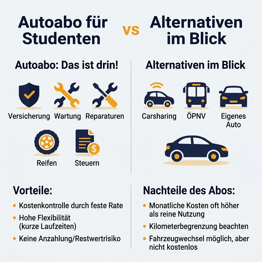 Infografik zum Autoabo für Studenten im Vergleich zu Carsharing, ÖPNV und eigenem Auto, zeigt Vorteile wie Kostenkontrolle und Flexibilität sowie Nachteile wie Kilometerbegrenzung auf.