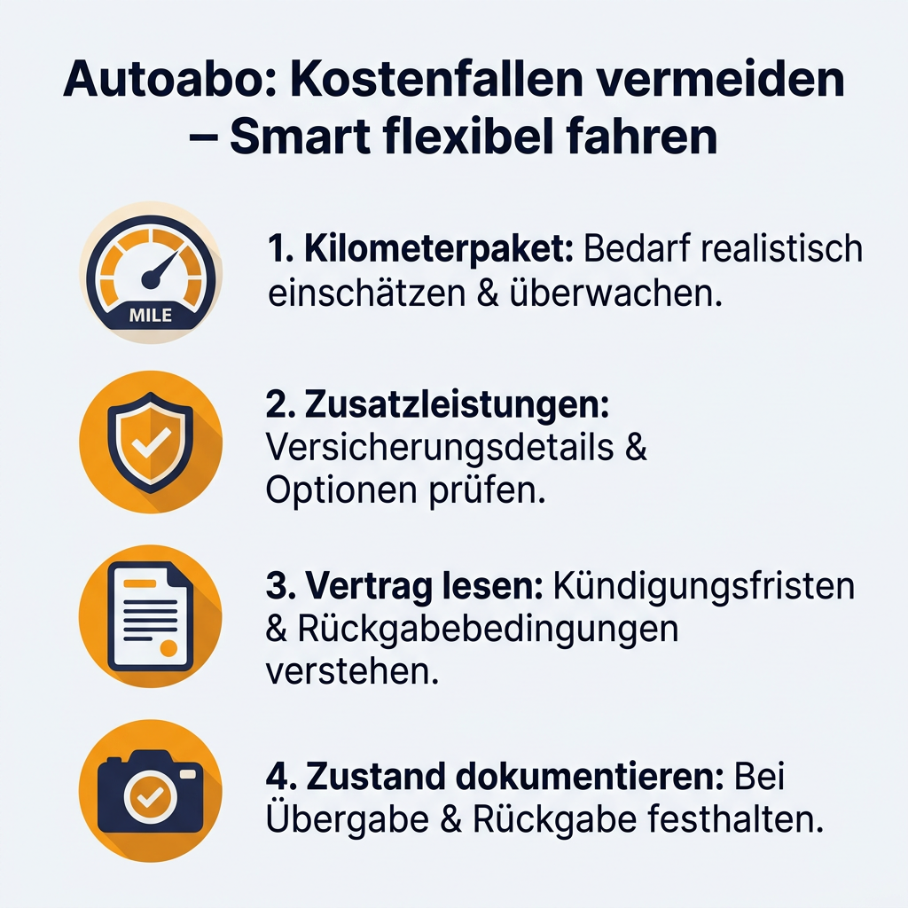 Infografik: Vier Tipps, um Autoabo Kostenfallen zu vermeiden, darunter Kilometerpakete, Versicherungsdetails, Vertragsbedingungen und Fahrzeugdokumentation.