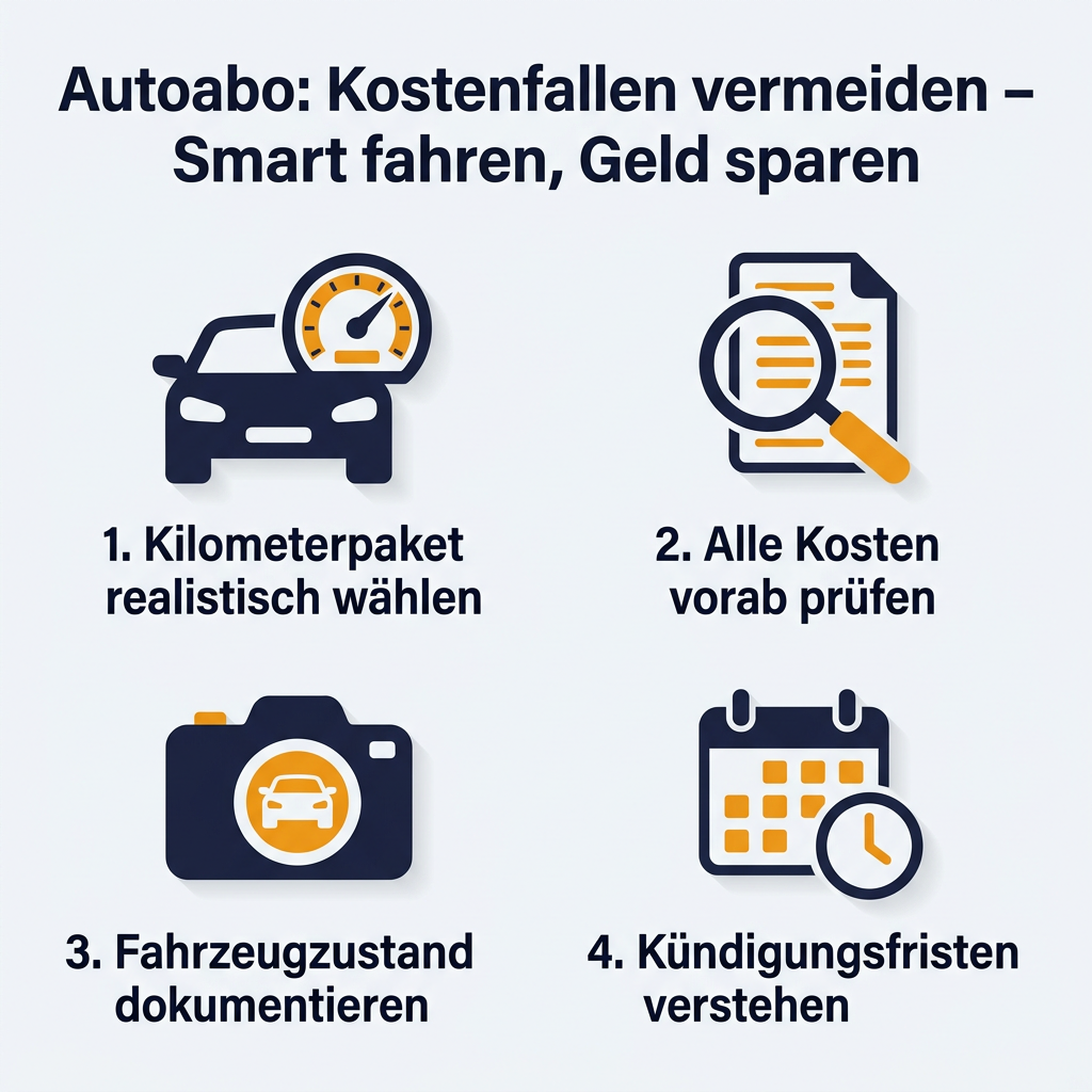 Infografik: Autoabo Kostenfallen vermeiden durch richtige Kilometerwahl, genaue Kostenprüfung, Fahrzeugdokumentation und Verständnis der Kündigungsfristen für eine smarte und günstige Mobilität.