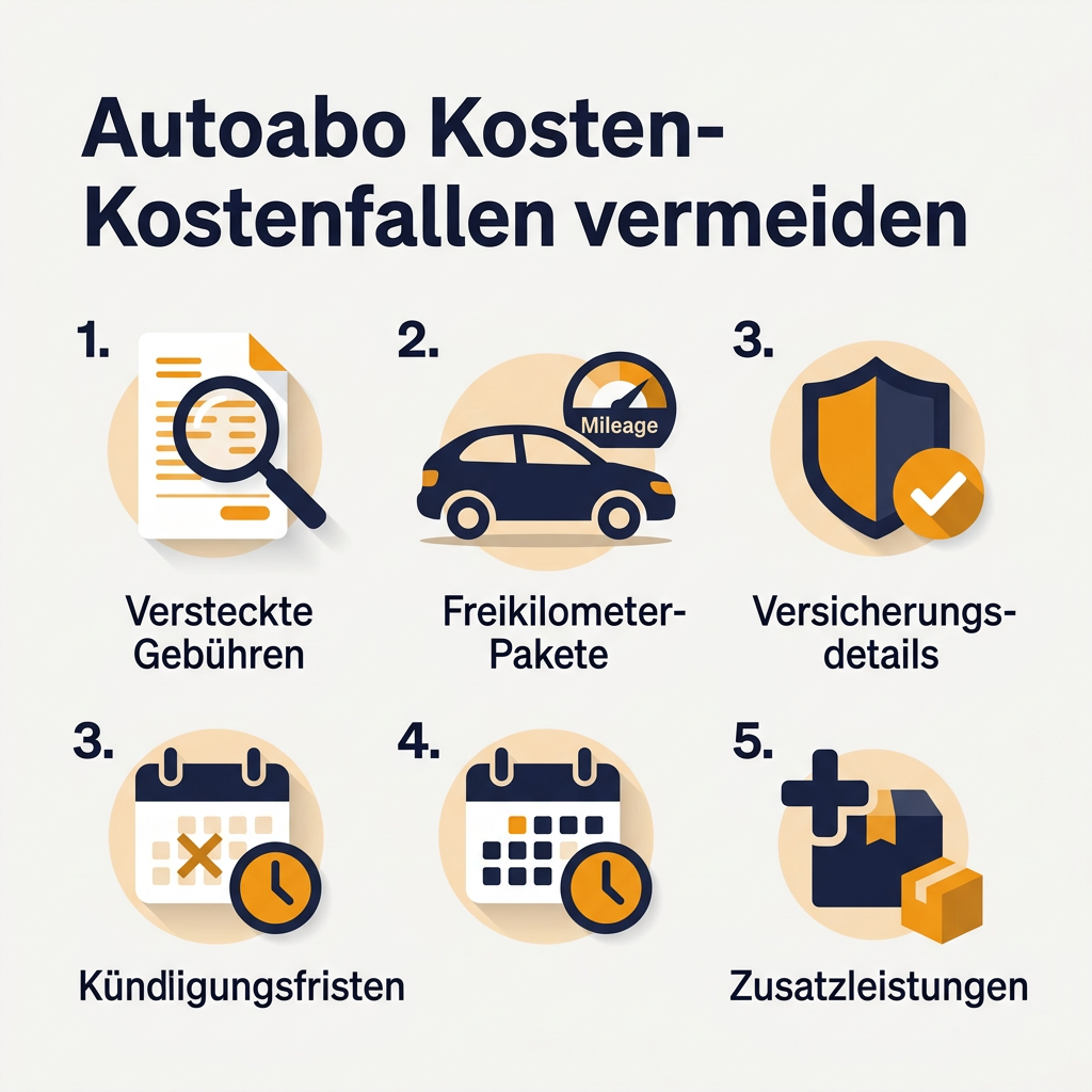 Infografik: Fünf wichtige Tipps, um Autoabo Kostenfallen zu vermeiden und günstig mobil zu sein.