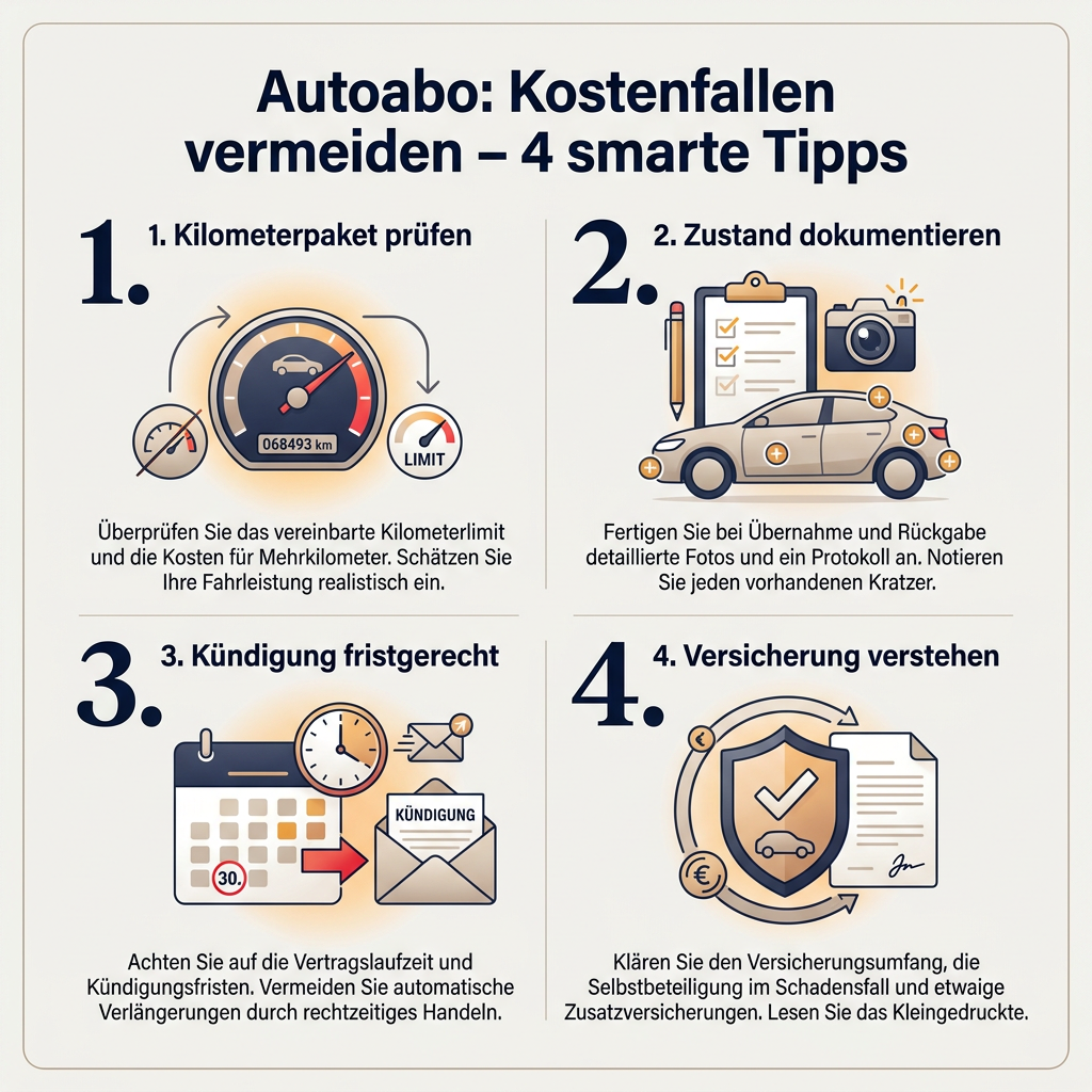 Infografik: 4 smarte Tipps, um Autoabo Kostenfallen zu vermeiden. Themenschwerpunkte sind Kilometerpakete, Fahrzeugzustand, Kündigungsfristen und Versicherungsdetails für eine kosteneffiziente Mobilität.