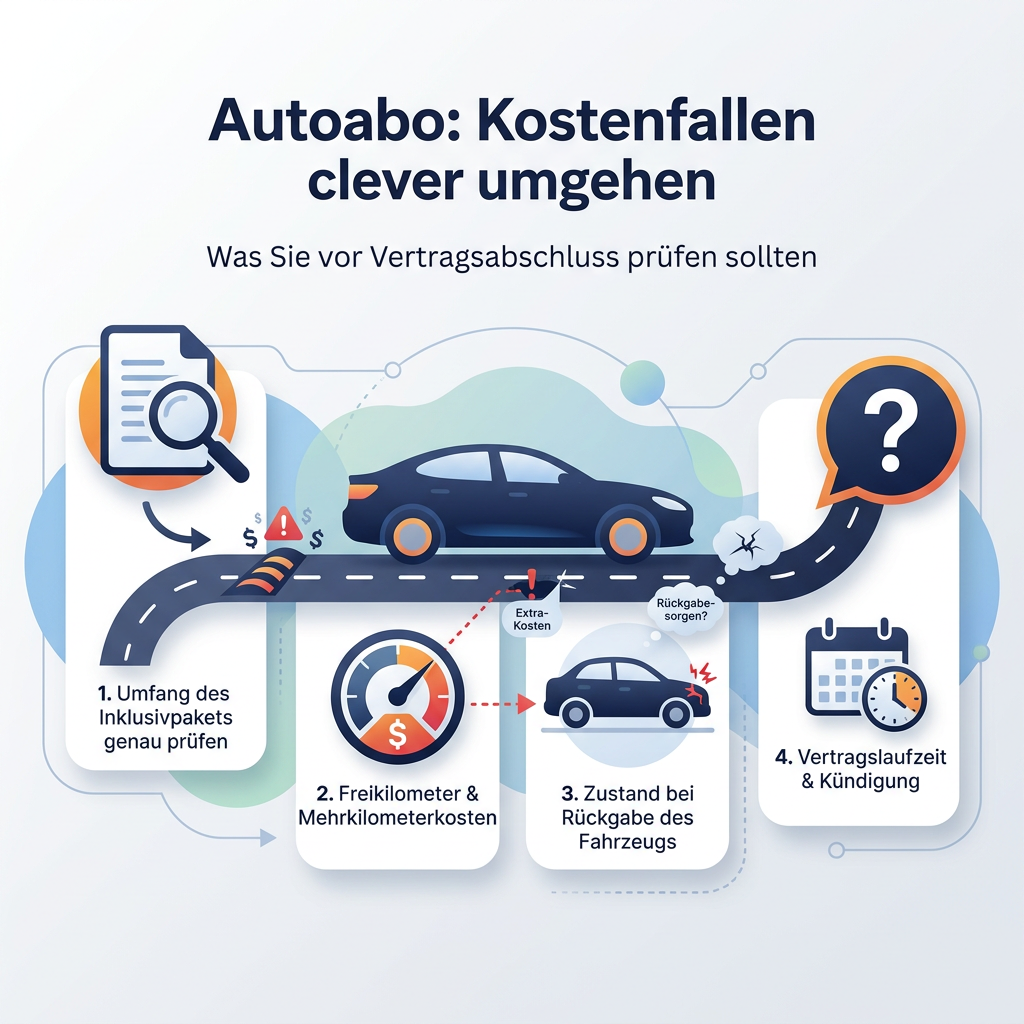 Infografik: Autoabo Kostenfallen clever umgehen – prüft Inklusivpakete, Freikilometer, Rückgabebedingungen und Vertragslaufzeiten.