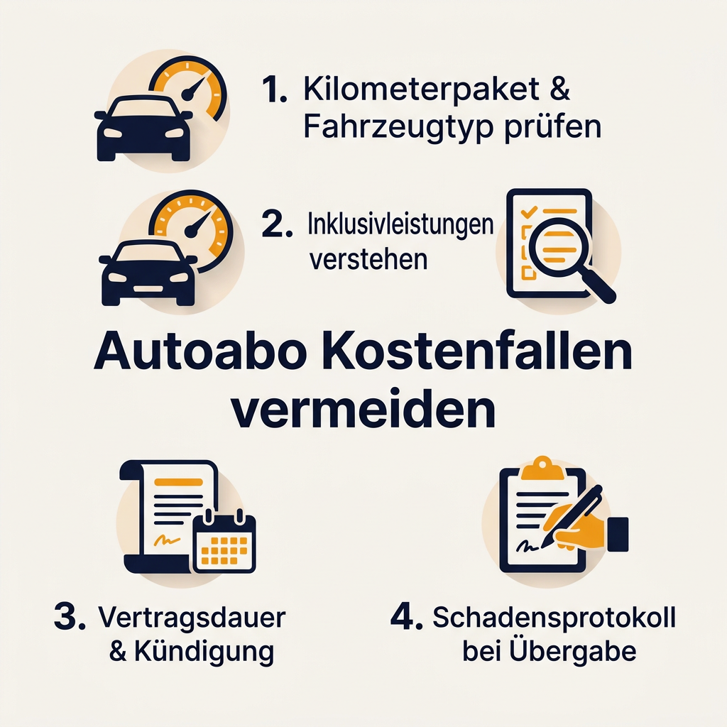 Infografik: Vier entscheidende Tipps, um Autoabo Kostenfallen zu vermeiden, darunter Prüfung von Kilometerpaket, Inklusivleistungen, Vertragsdauer und Schadensprotokoll.