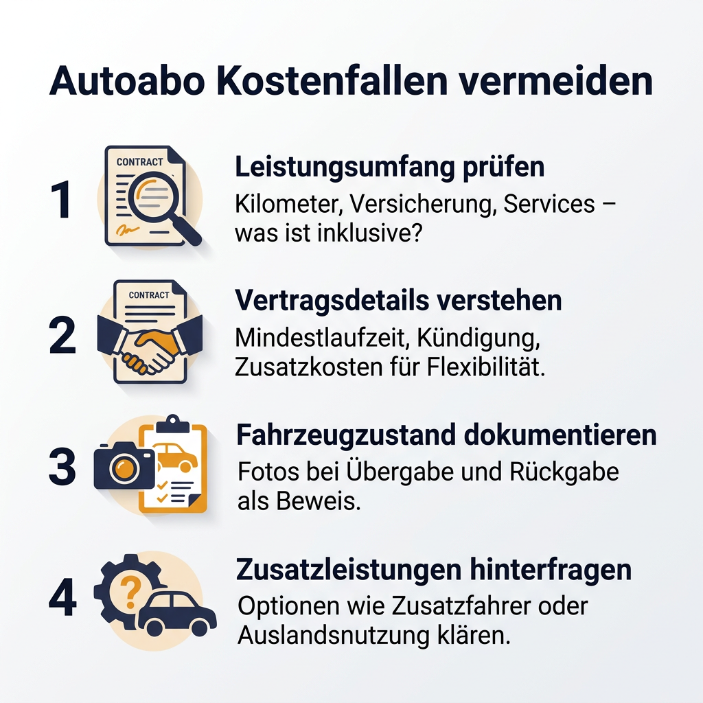 Infografik: Autoabo Kostenfallen sicher vermeiden Infografik: Autoabo Kostenfallen vermeiden – Tipps zur Vermeidung unerwarteter Ausgaben bei der Nutzung eines Auto-Abos, inklusive Prüfung von Leistungsumfang, Vertragsdetails, Fahrzeugzustand und Zusatzleistungen.
