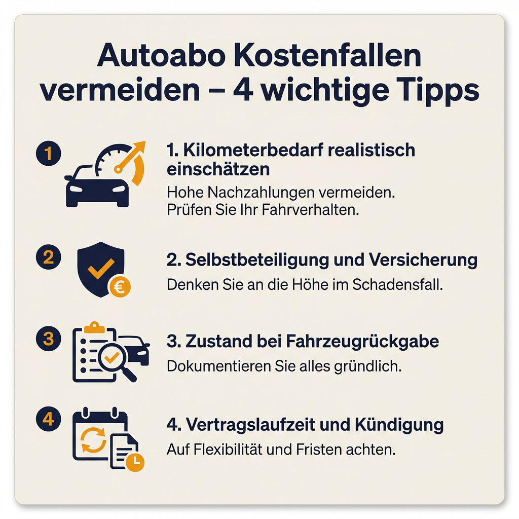 Infografik: Vier wichtige Tipps zur Vermeidung von Kostenfallen beim Autoabo, inklusive Hinweise zu Kilometerpaketen, Selbstbeteiligung und Fahrzeugrückgabe.