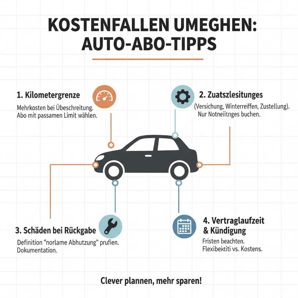 Infografik: Autoabo Kostenfallen erkennen und vermeiden – Tipps zur Kostenkontrolle bei flexibler Mobilität, Kilometerbegrenzung, Zusatzleistungen und Rückgabe.
